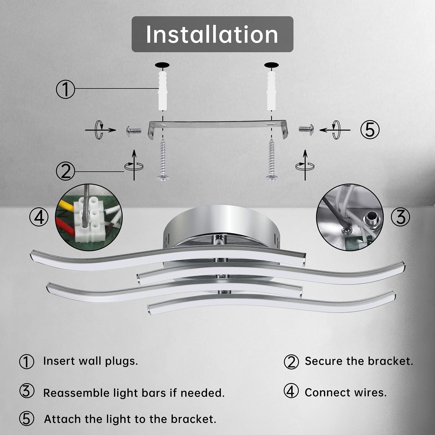 Ceiling light fixture installation diagram with labeled steps on a gray background