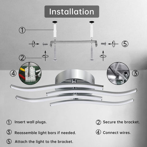 Ceiling light fixture installation diagram with labeled steps on a gray background