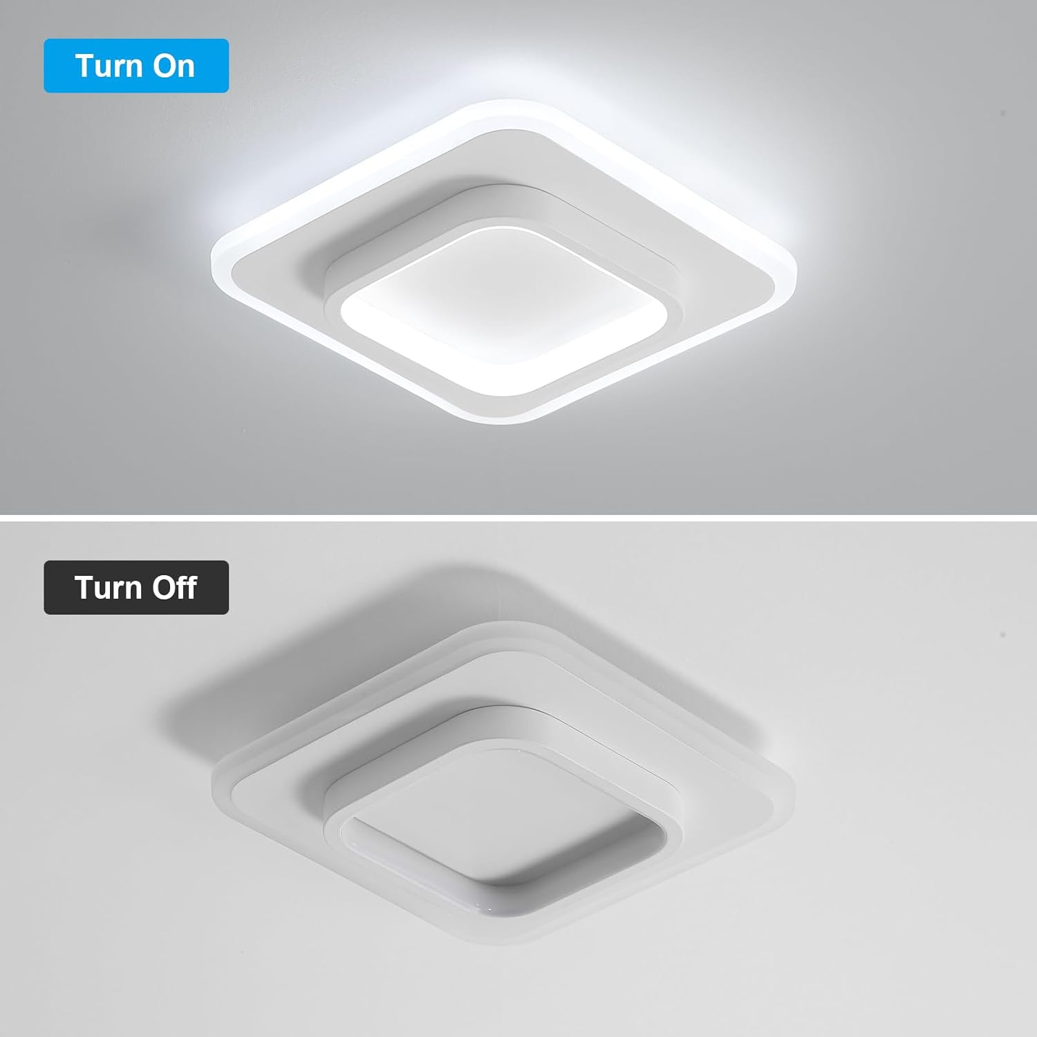 Ceiling light fixture showing 'Turn On' and 'Turn Off' states on a gray background.