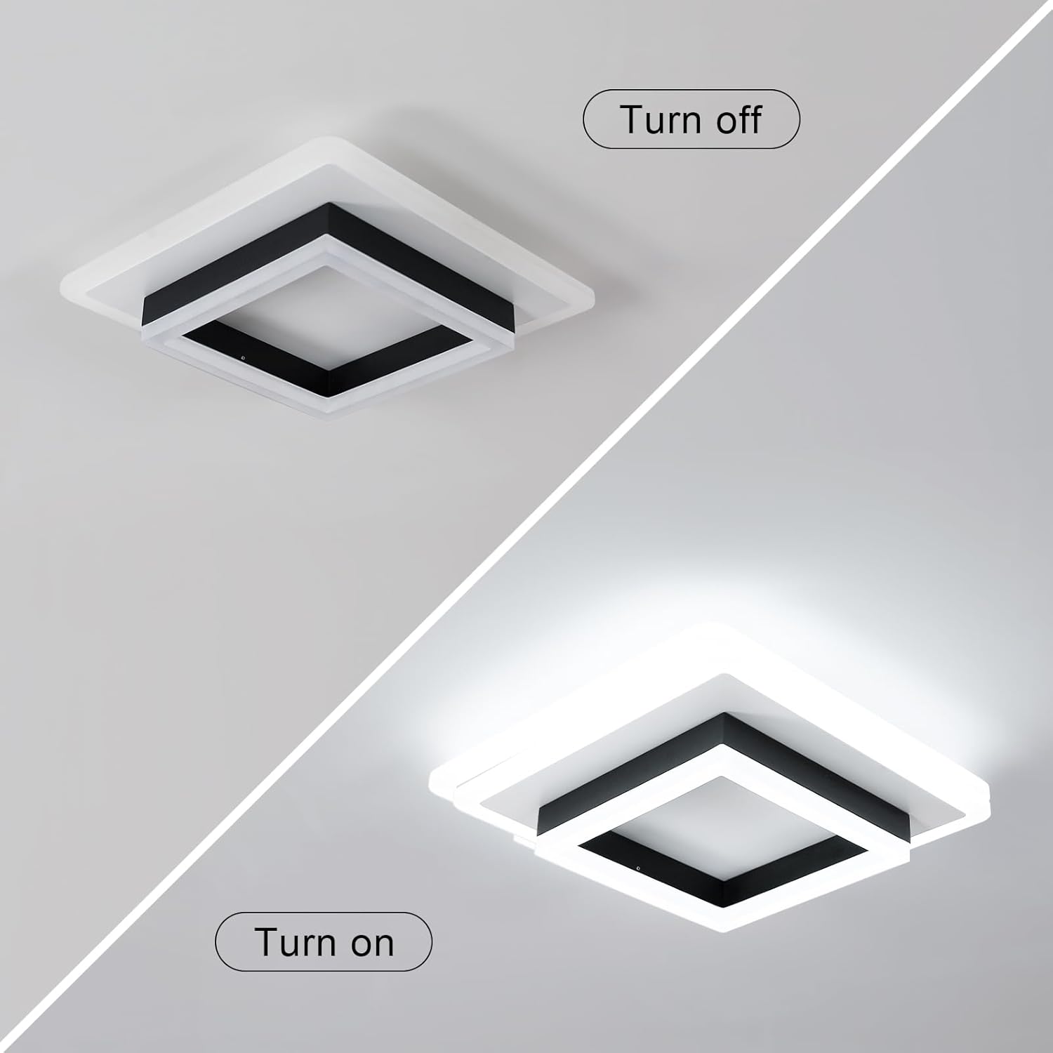 Ceiling light fixture showing 'Turn off' and 'Turn on' states on a gray background.