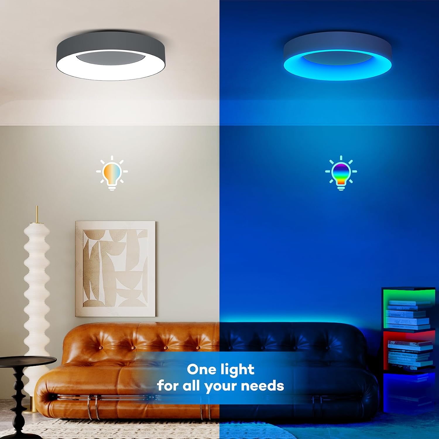 Ceiling light fixture showing white and blue light in a living room setting.