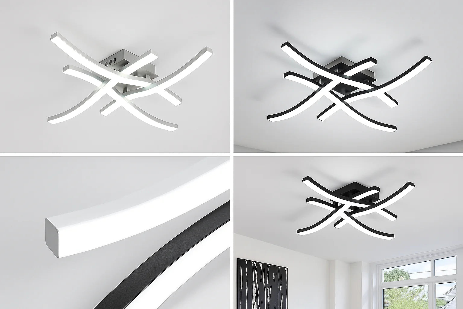 Ceiling light fixture shown from multiple angles on a white ceiling.