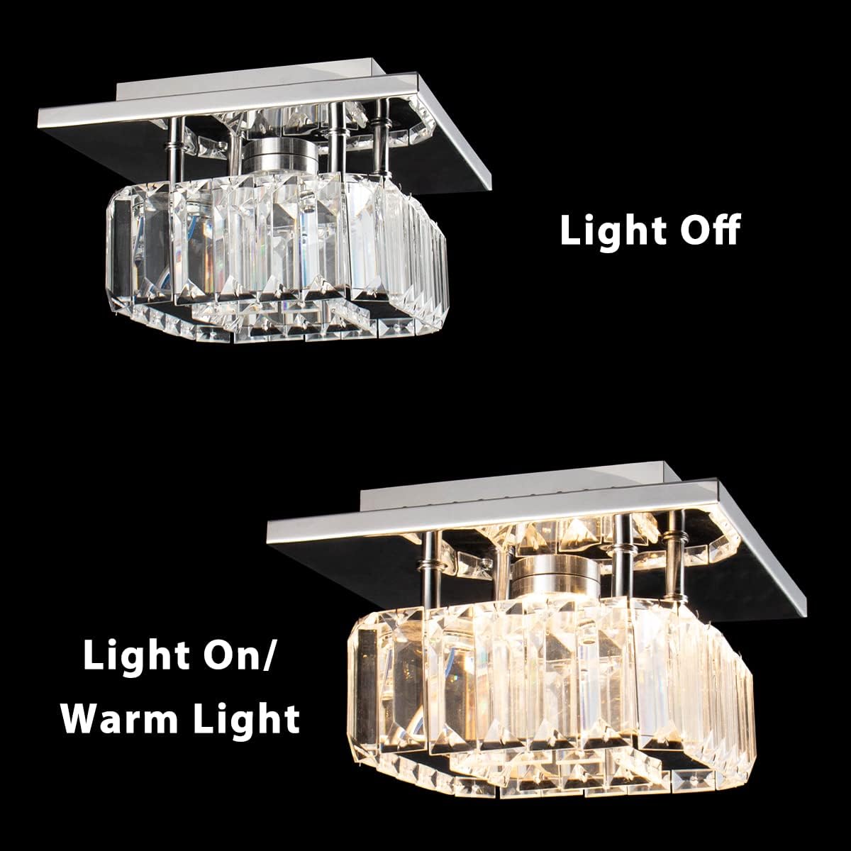 Ceiling light fixture shown in 'Light Off' and 'Light On/Warm Light' states on a black background.