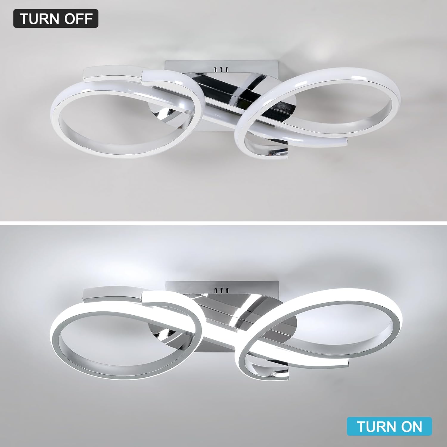 Ceiling light fixture shown in 'Turn Off' and 'Turn On' states on a gray background.