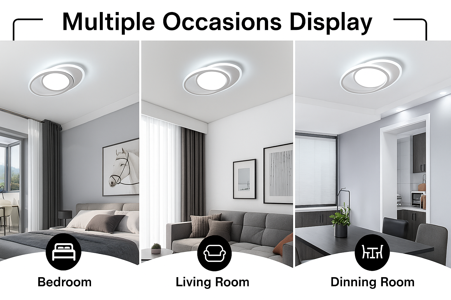 Ceiling light fixture shown in a bedroom, living room, and dining room setting.