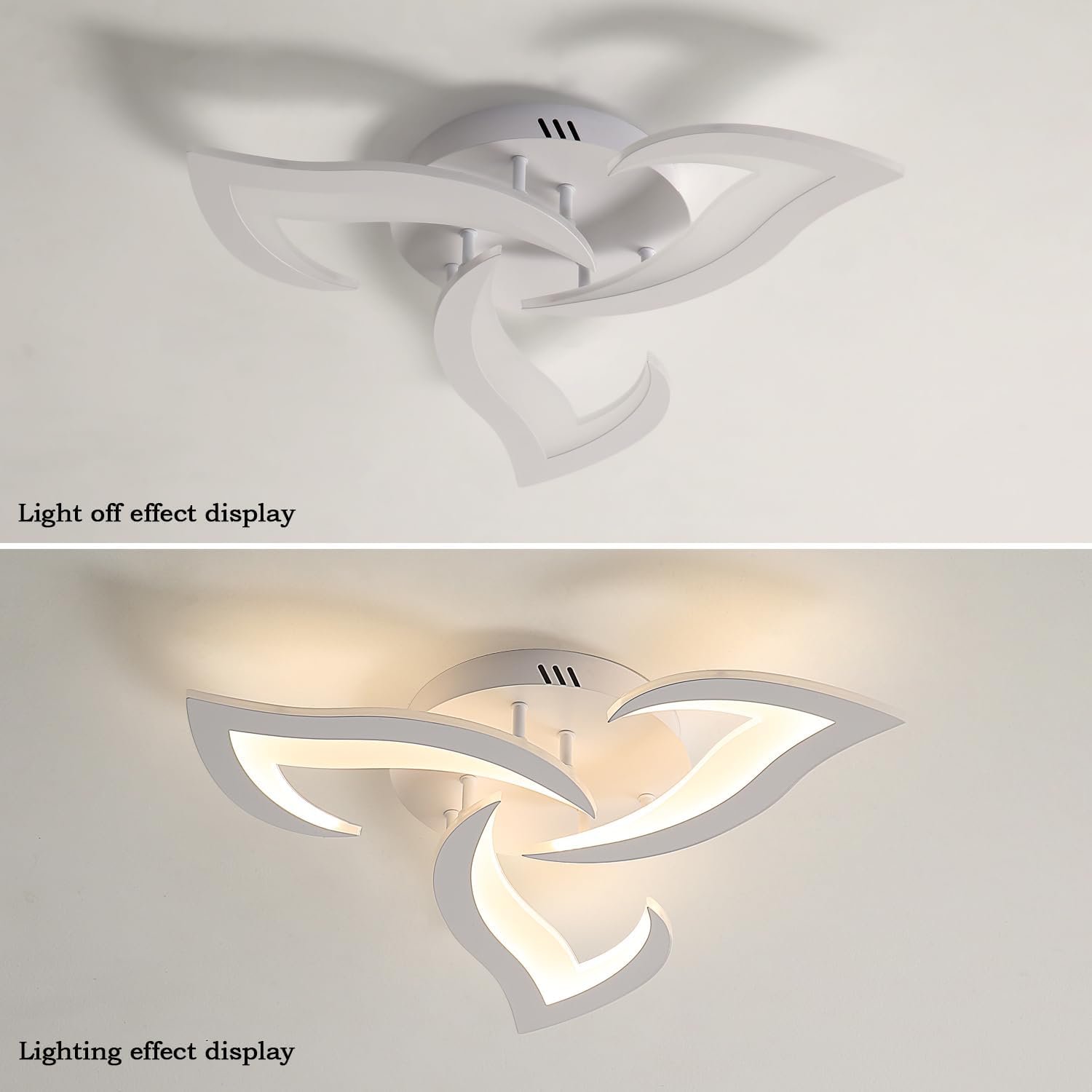 Ceiling light fixture shown in both off and on states against a white background.