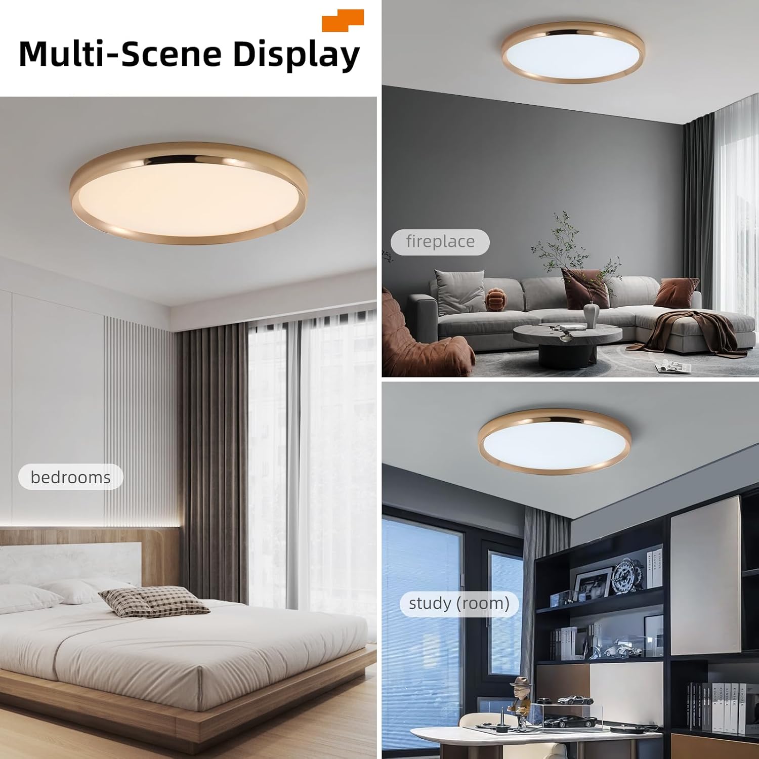 Ceiling light fixture shown in various rooms including a bedroom, living room, and study area.