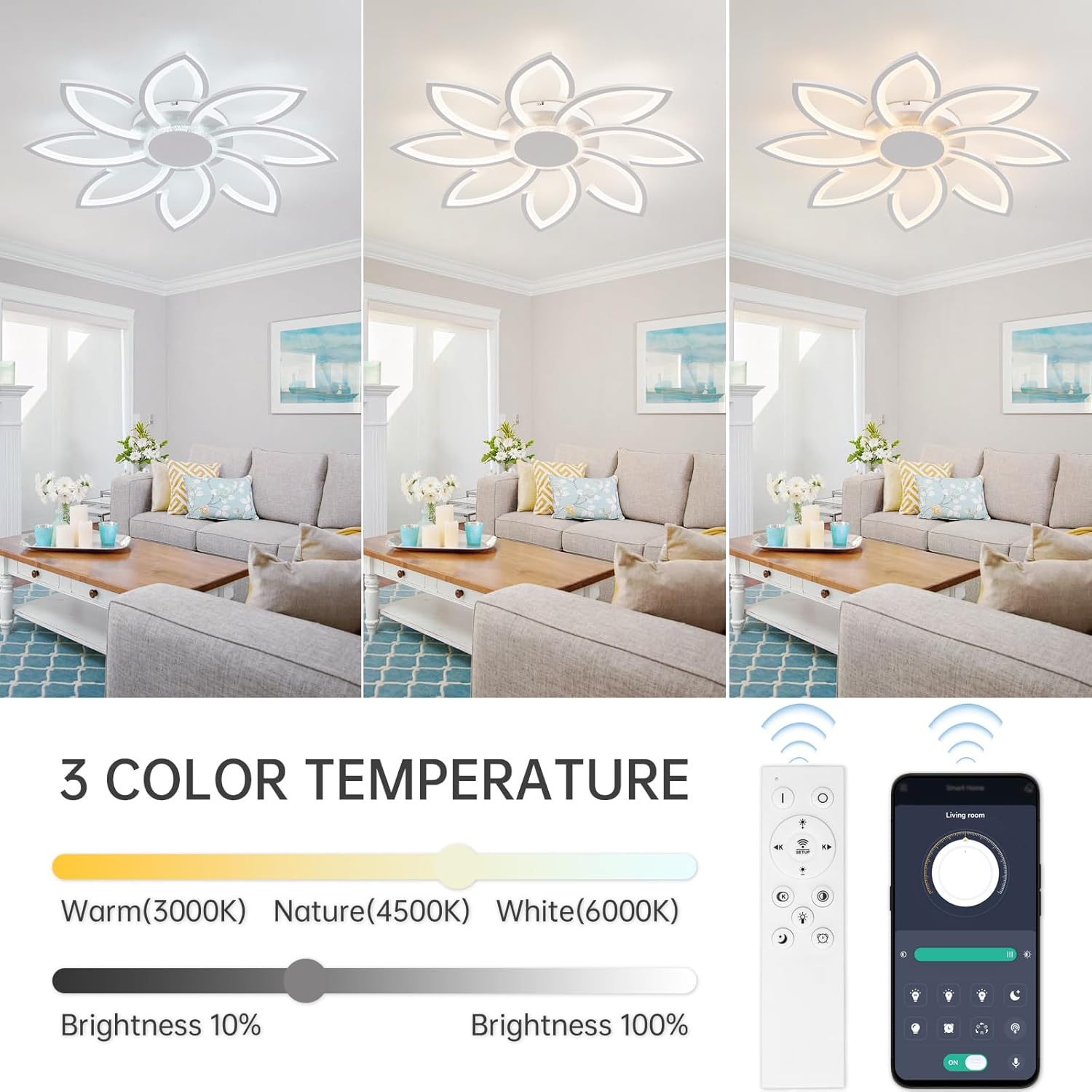 Ceiling light fixture with 3 color temperature options and remote controls displayed.