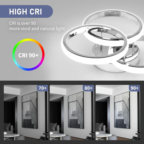 Ceiling light fixture with CRI 90+ rating and color temperature comparison in a room setting.