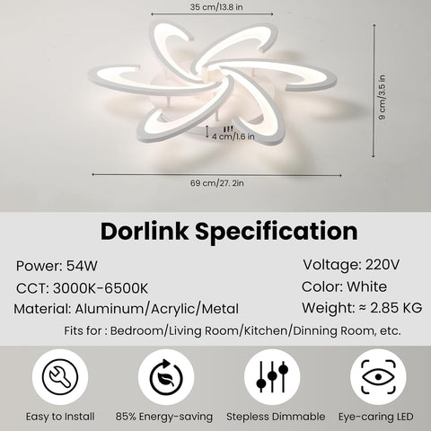 Ceiling light fixture with Dorlink specifications on a gray background