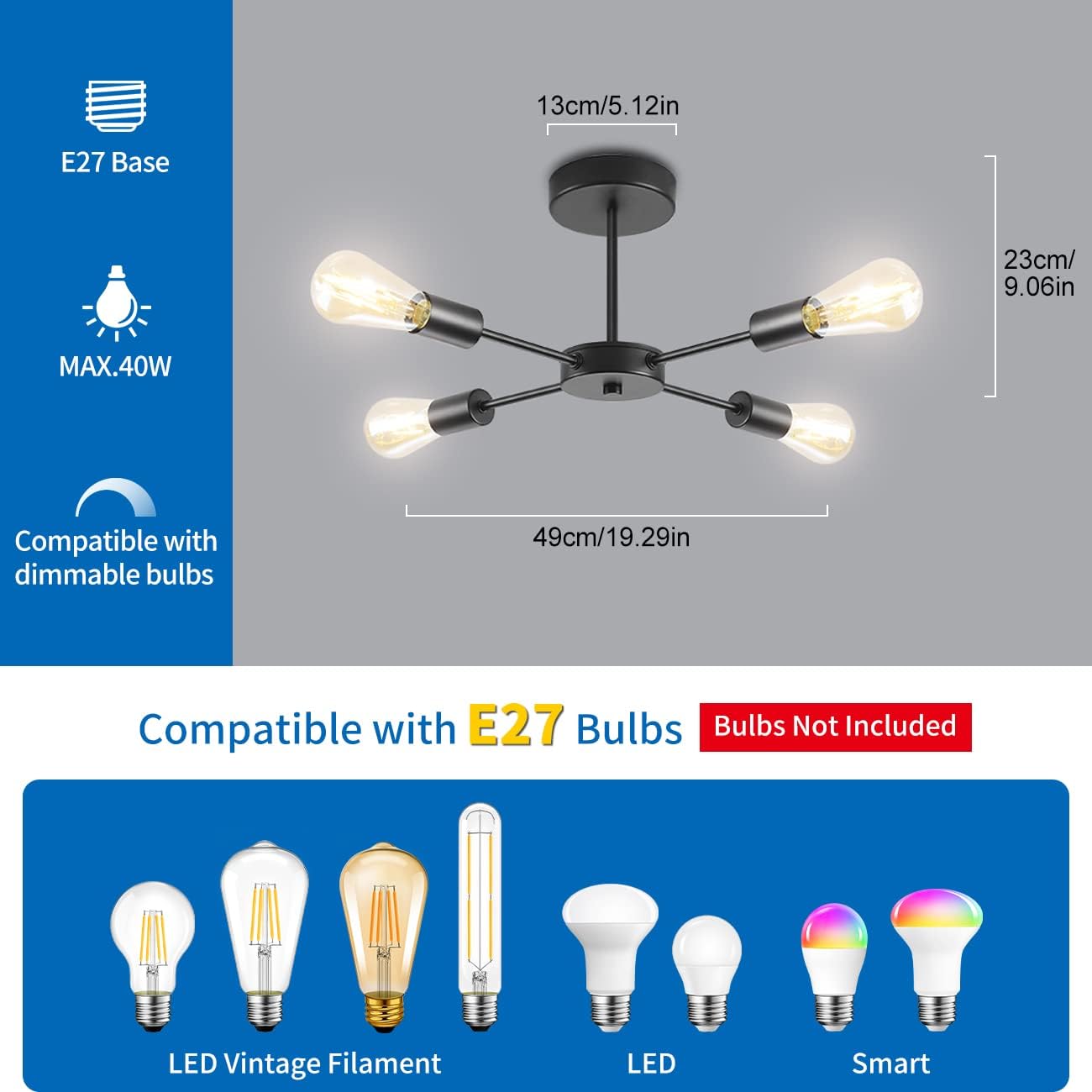 Ceiling light fixture with E27 base compatibility and bulb options on a gray background