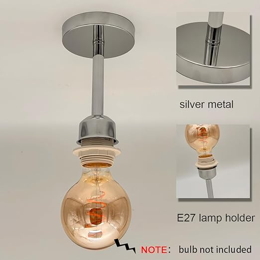 Ceiling light fixture with E27 lamp holder and bulb, silver metal finish.