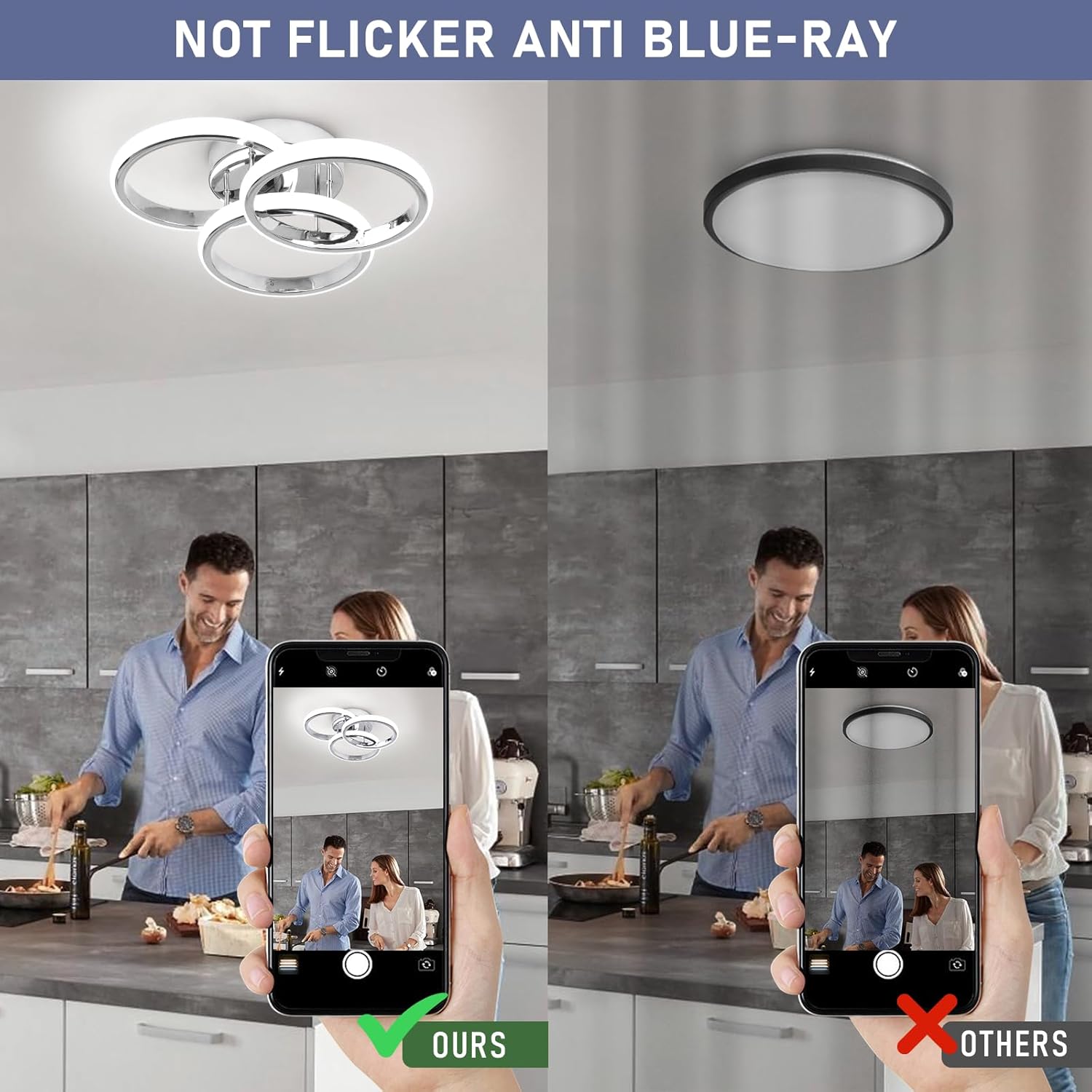 Ceiling light fixture with 'Not Flicker Anti Blue-Ray' text, showing a kitchen setting with people using smartphones.