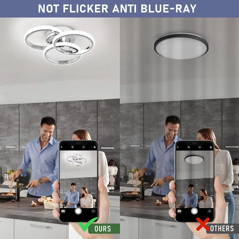 Ceiling light fixture with 'Not Flicker Anti Blue-Ray' text, showing a kitchen setting with people using smartphones.