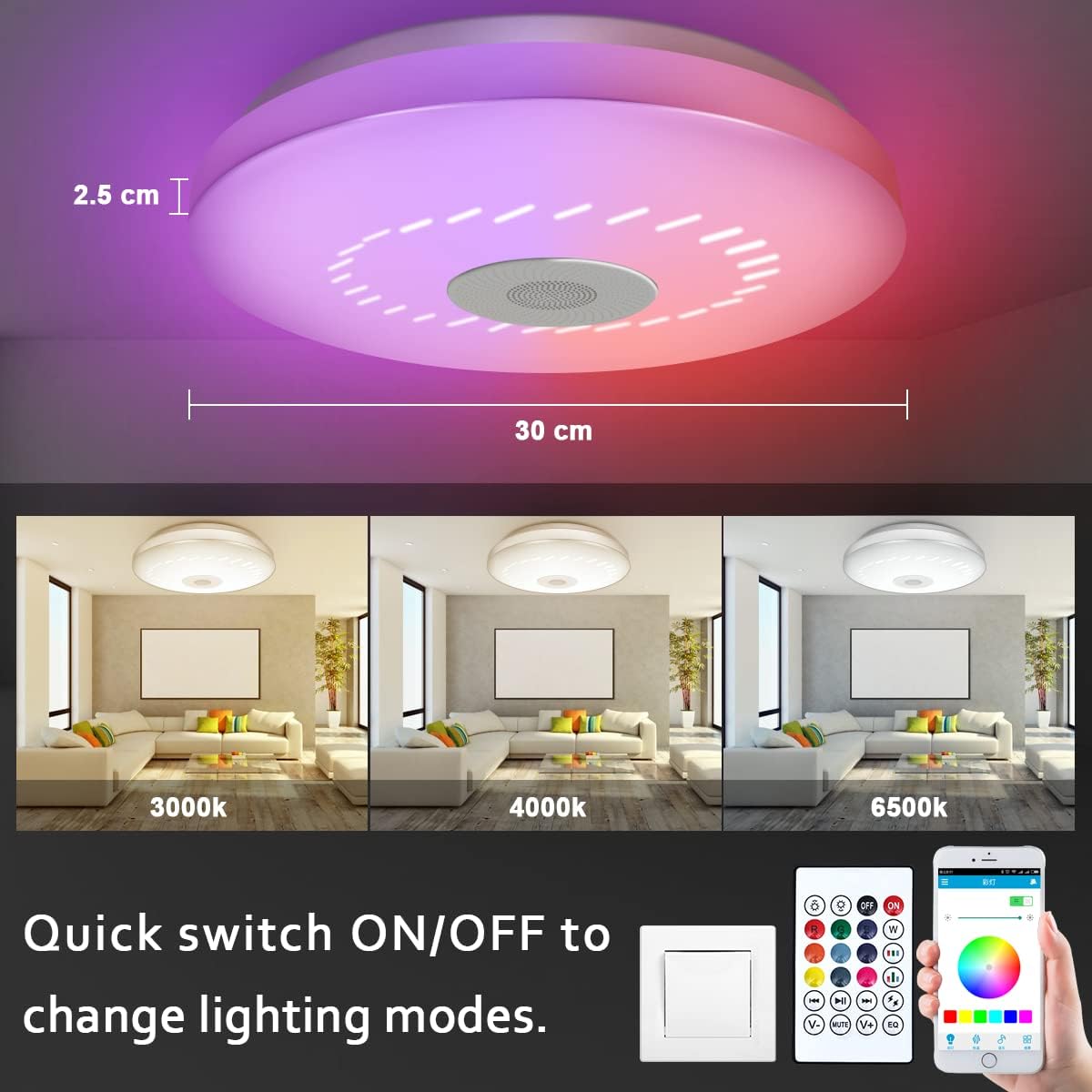 Ceiling light fixture with RGB color changing capabilities, dimensions, and lifestyle images of a living room.