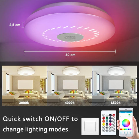 Ceiling light fixture with RGB color changing capabilities, dimensions, and lifestyle images of a living room.