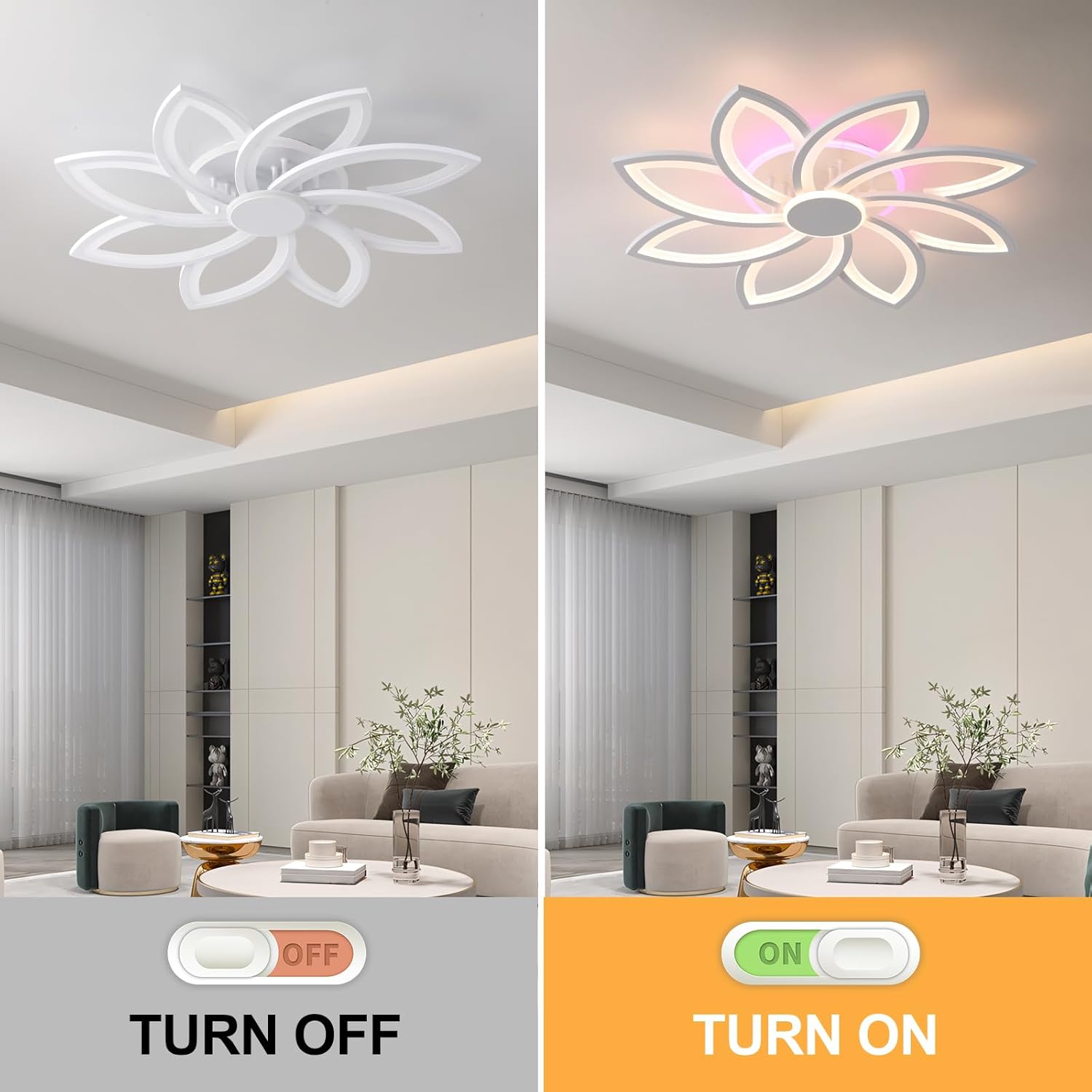 Ceiling light fixture with 'Turn Off' and 'Turn On' labels in a living room setting.