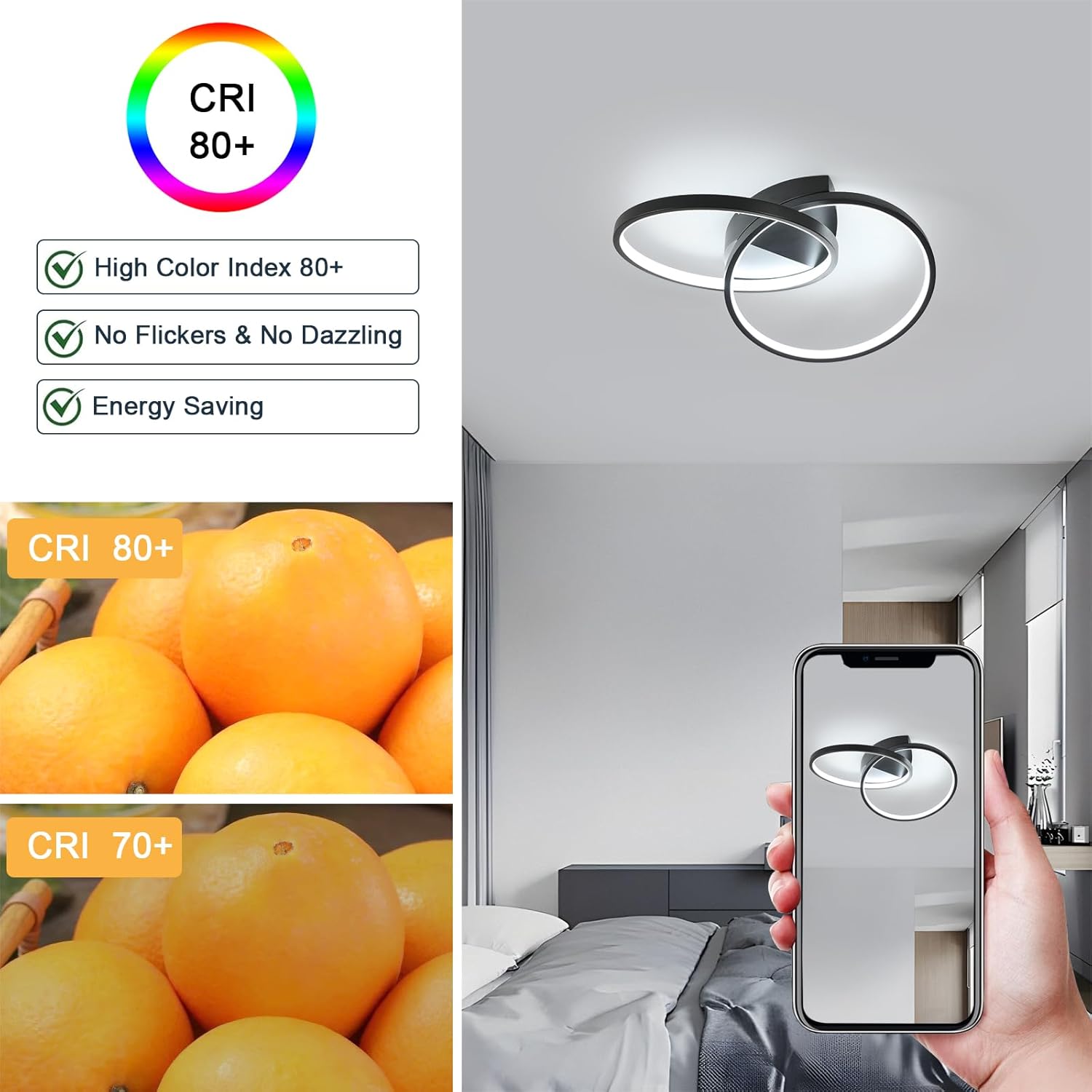 Ceiling light fixture with a smartphone showing a light bulb icon, surrounded by images of oranges to demonstrate color accuracy.