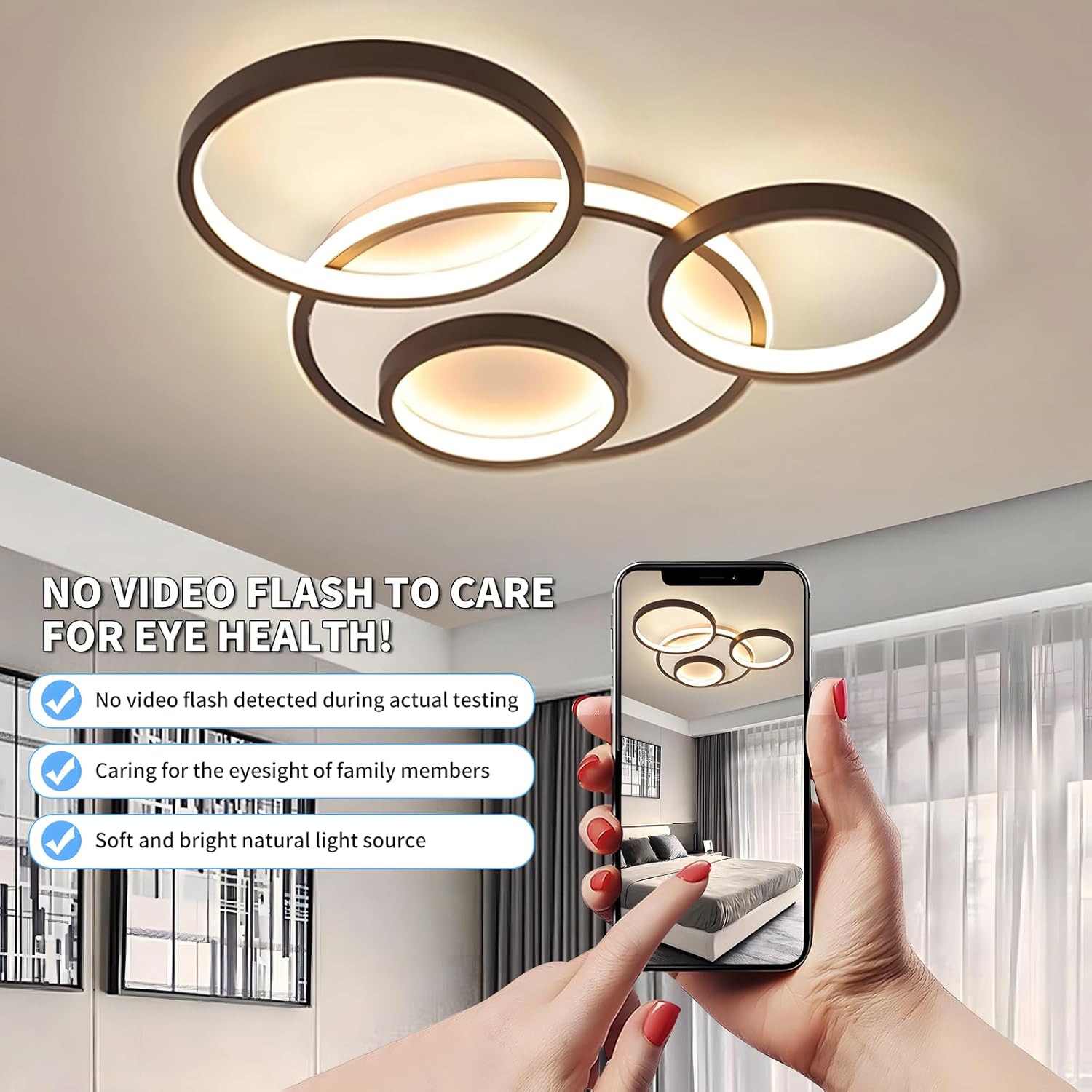 Ceiling light fixture with a smartphone showing a room view, emphasizing eye health benefits.