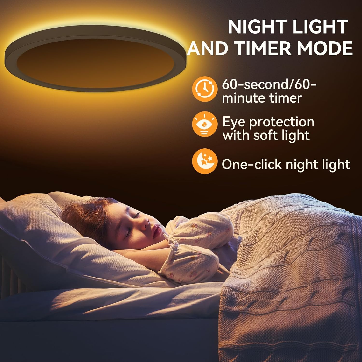 Ceiling light fixture with a woman sleeping in bed, highlighting night light and timer mode features.