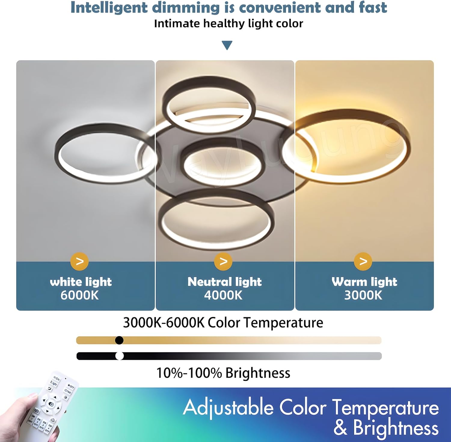 Ceiling light fixture with adjustable color temperature and brightness options.