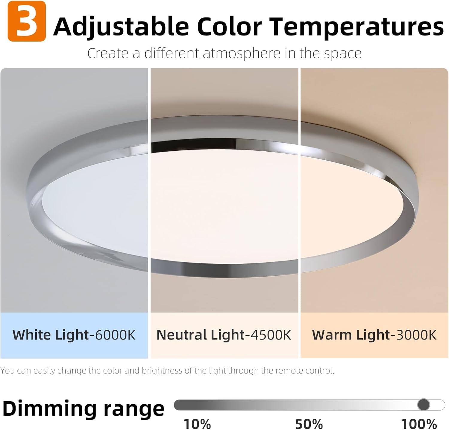 Ceiling light fixture with adjustable color temperature options on a neutral background
