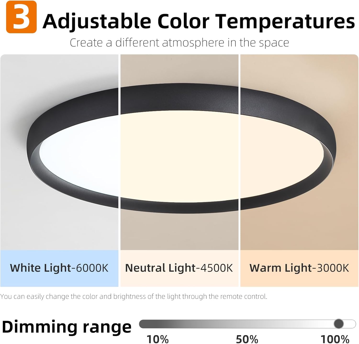 Ceiling light fixture with adjustable color temperature options on a neutral background