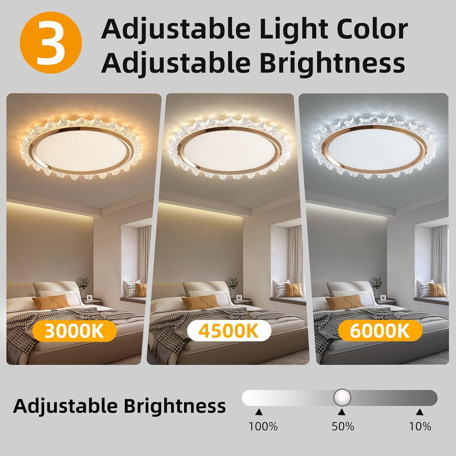 Ceiling light fixture with adjustable light color and brightness in a bedroom setting.