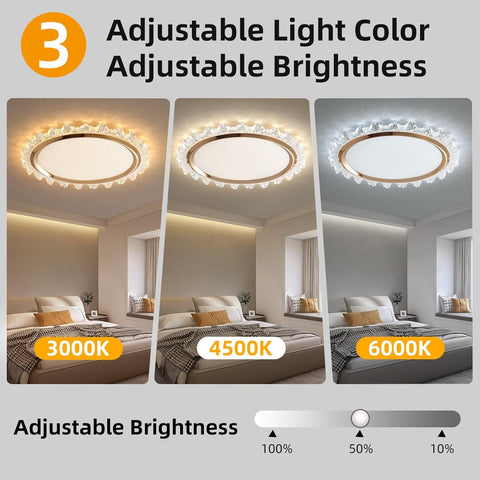 Ceiling light fixture with adjustable light color and brightness in a bedroom setting.