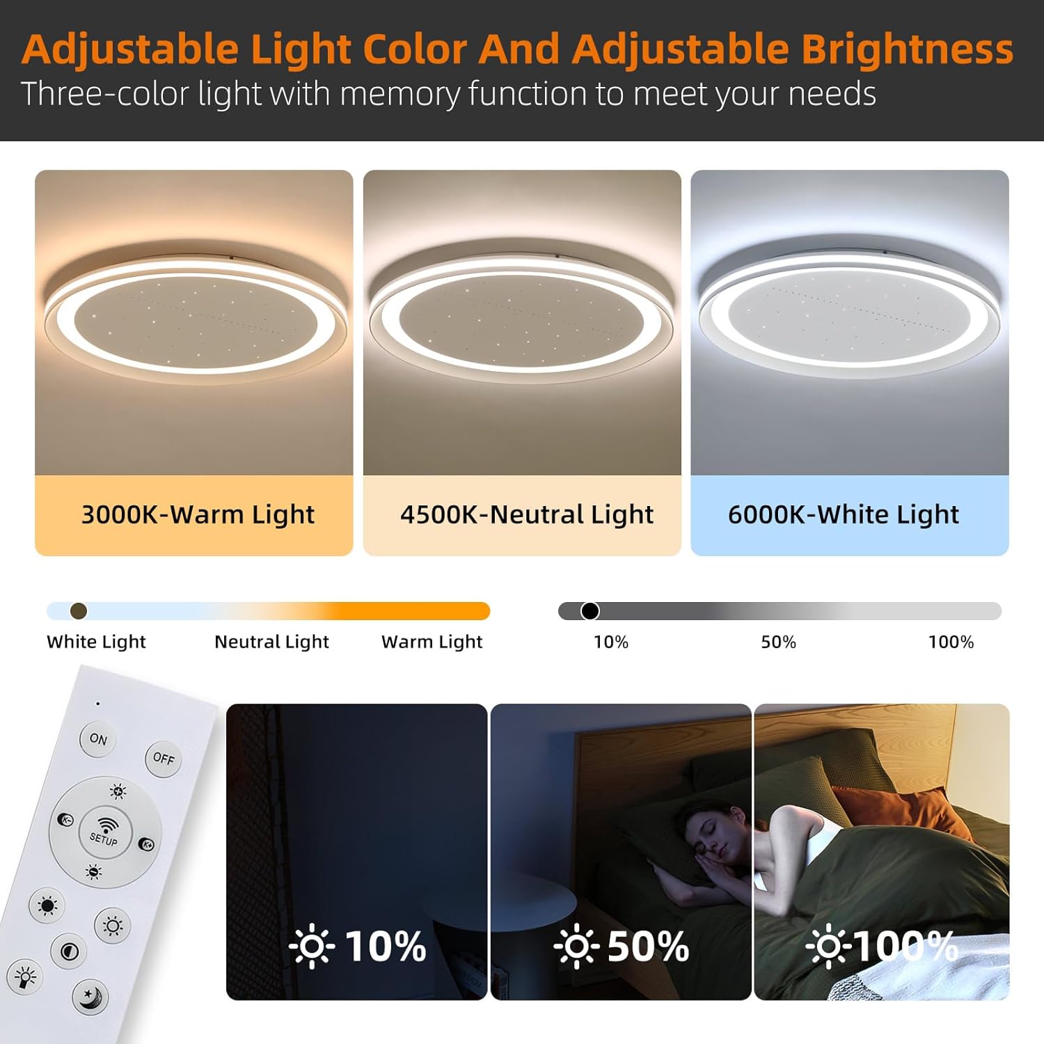 Ceiling light fixture with adjustable light color and brightness, showing different light temperatures and scenes.