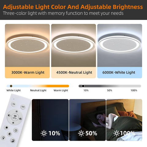 Ceiling light fixture with adjustable light color and brightness, showing different light temperatures and scenes.