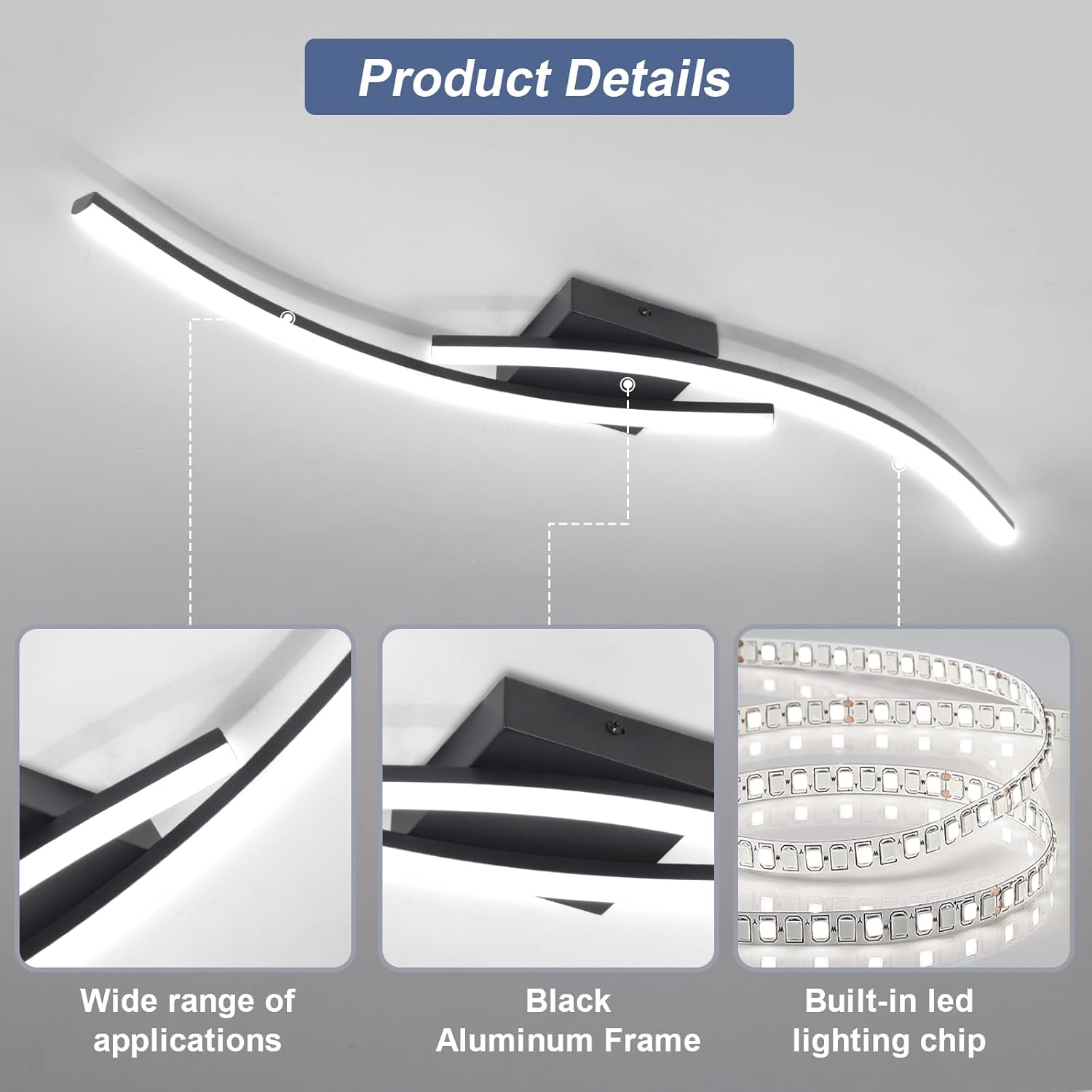 Ceiling light fixture with black aluminum frame and built-in LED lighting chip, shown on a gray background.
