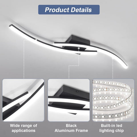 Ceiling light fixture with black aluminum frame and built-in LED lighting chip, shown on a gray background.