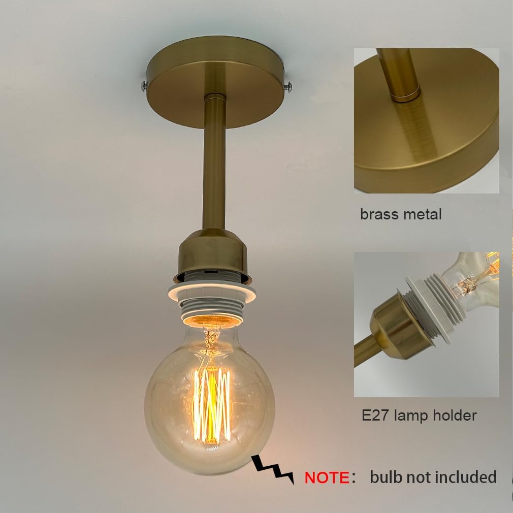 Ceiling light fixture with brass metal design and E27 lamp holder on a neutral background.