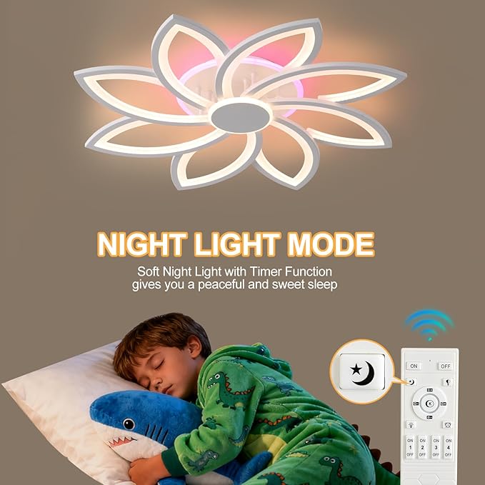 Ceiling light fixture with child sleeping and remote control, emphasizing night light mode.