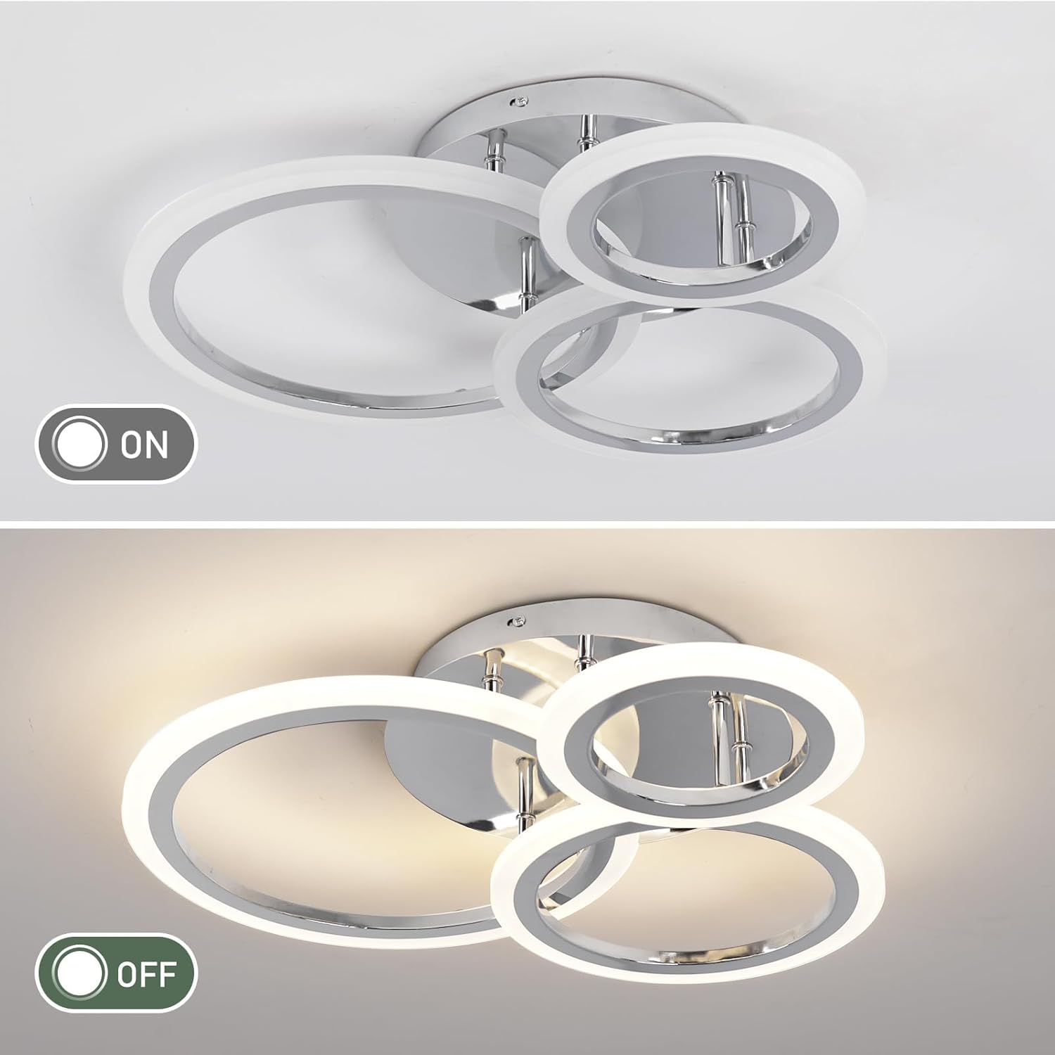 Ceiling light fixture with circular design on a white background, showing 'On' and 'Off' states.