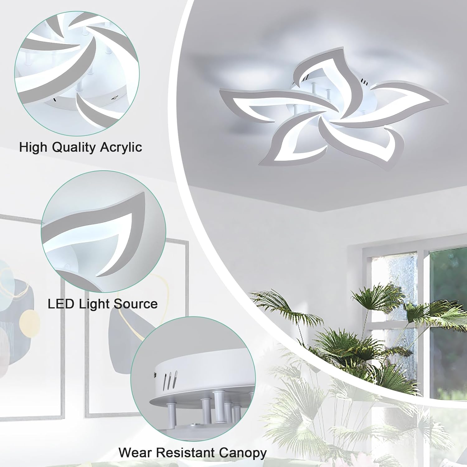 Ceiling light fixture with close-up details and a room setting.