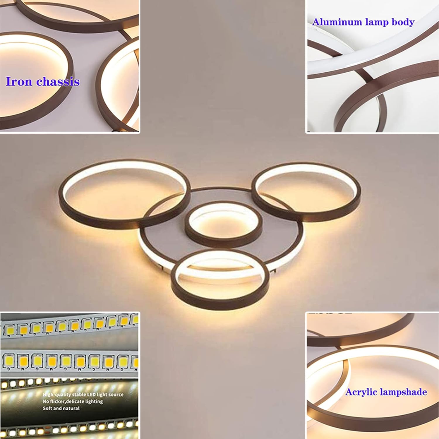 Ceiling light fixture with close-up details on iron chassis, aluminum lamp body, acrylic lampshade, and LED light source.