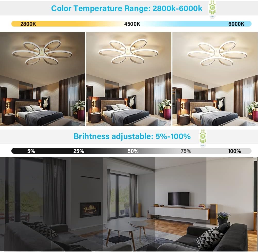 Ceiling light fixture with color temperature and brightness adjustment options displayed.