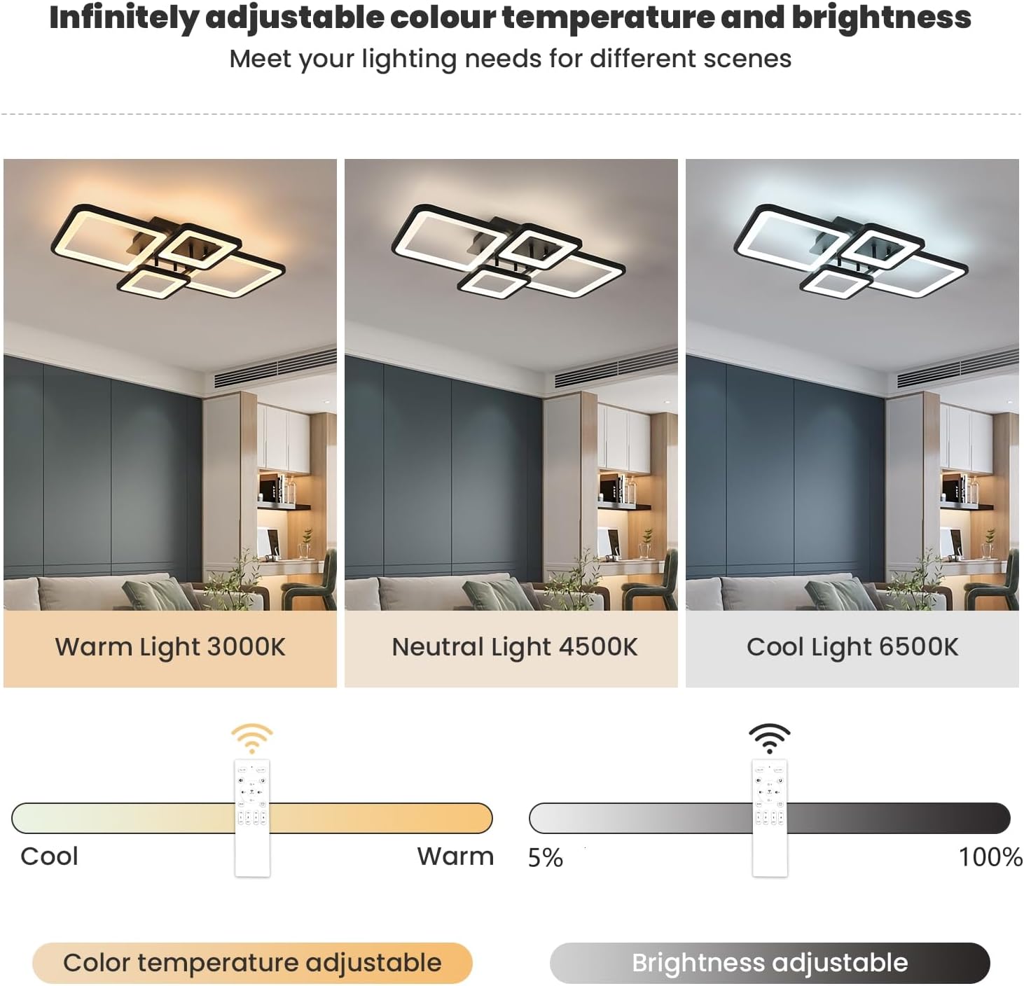 Ceiling light fixture with color temperature and brightness adjustment options in a home setting.