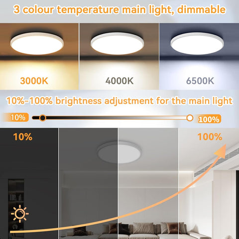 Ceiling light fixture with color temperature and brightness adjustment options shown on a gradient background.