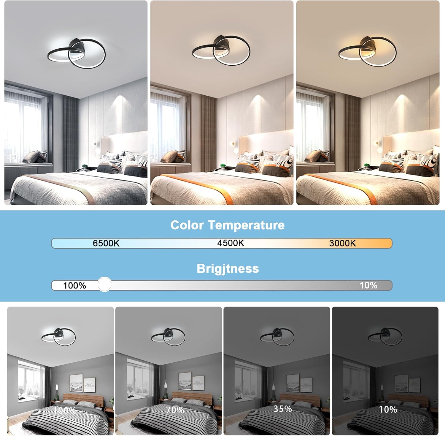 Ceiling light fixture with color temperature and brightness controls displayed over a bedroom setting.