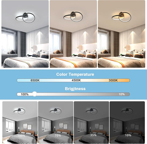 Ceiling light fixture with color temperature and brightness controls displayed over a bedroom setting.