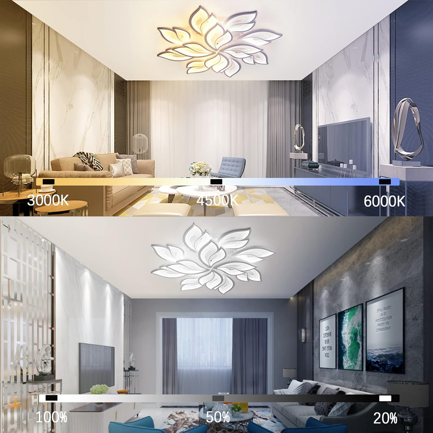 Ceiling light fixture with color temperature options displayed in a modern living room setting.