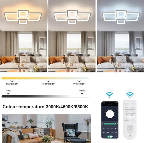 Ceiling light fixture with color temperature options in a living room setting.