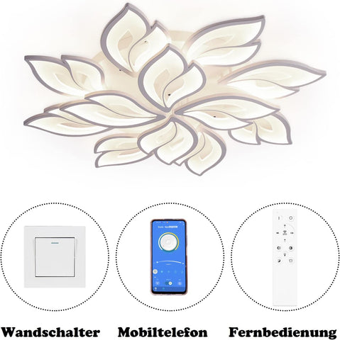 Ceiling light fixture with control options including wall switch, smartphone, and remote control on a white background.