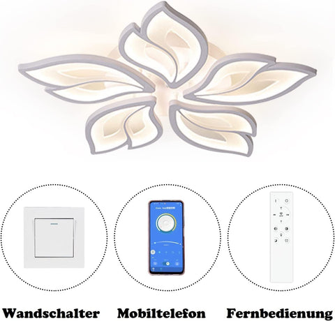 Ceiling light fixture with control options including wall switch, smartphone app, and remote control on a white background.
