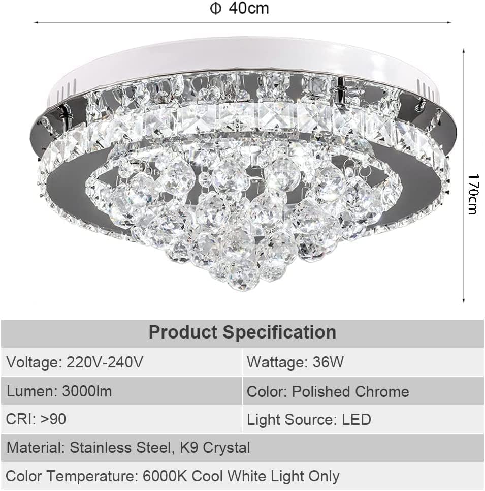 Ceiling light fixture with crystal design and dimensions, along with product specifications.