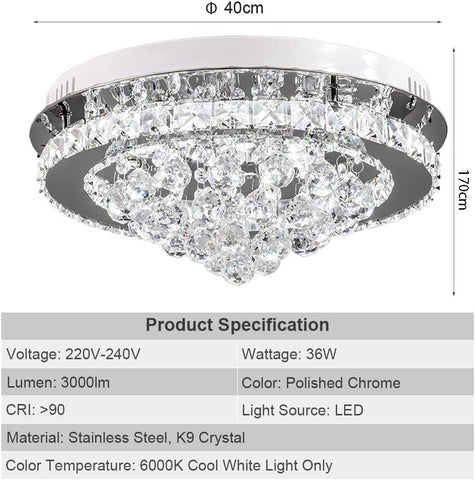 Ceiling light fixture with crystal design and dimensions, along with product specifications.