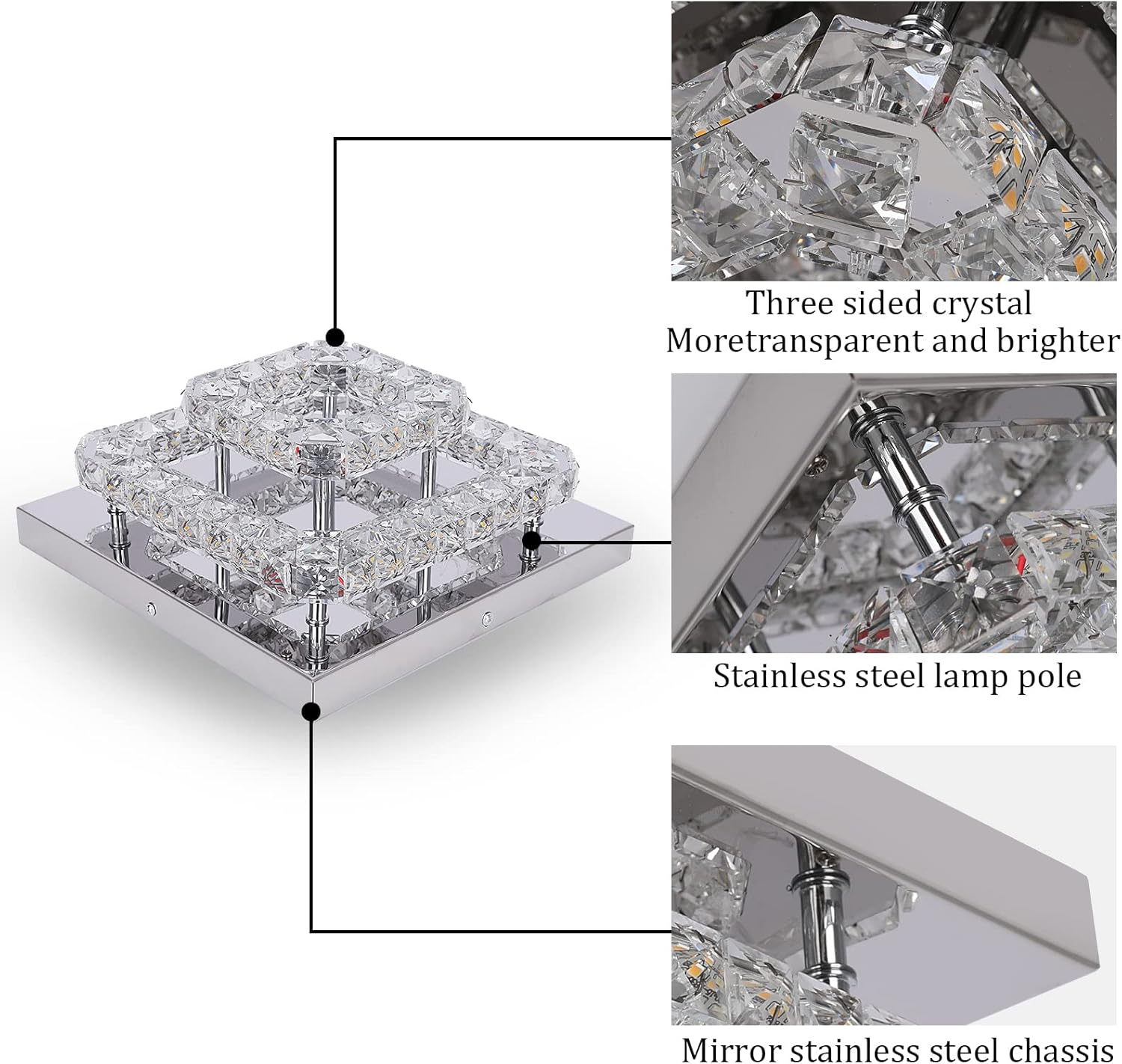 Ceiling light fixture with crystal design, stainless steel pole, and mirror stainless steel chassis.
